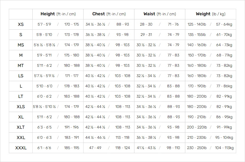 Size Chart for Mens Solu Yulex 3/2mm Back Zip Fl Wetsuit - Black