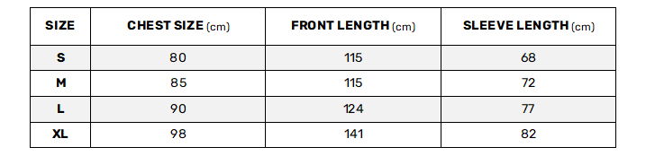 Size Chart for Primaloft Outdoor Changing Robe - Black / Grey